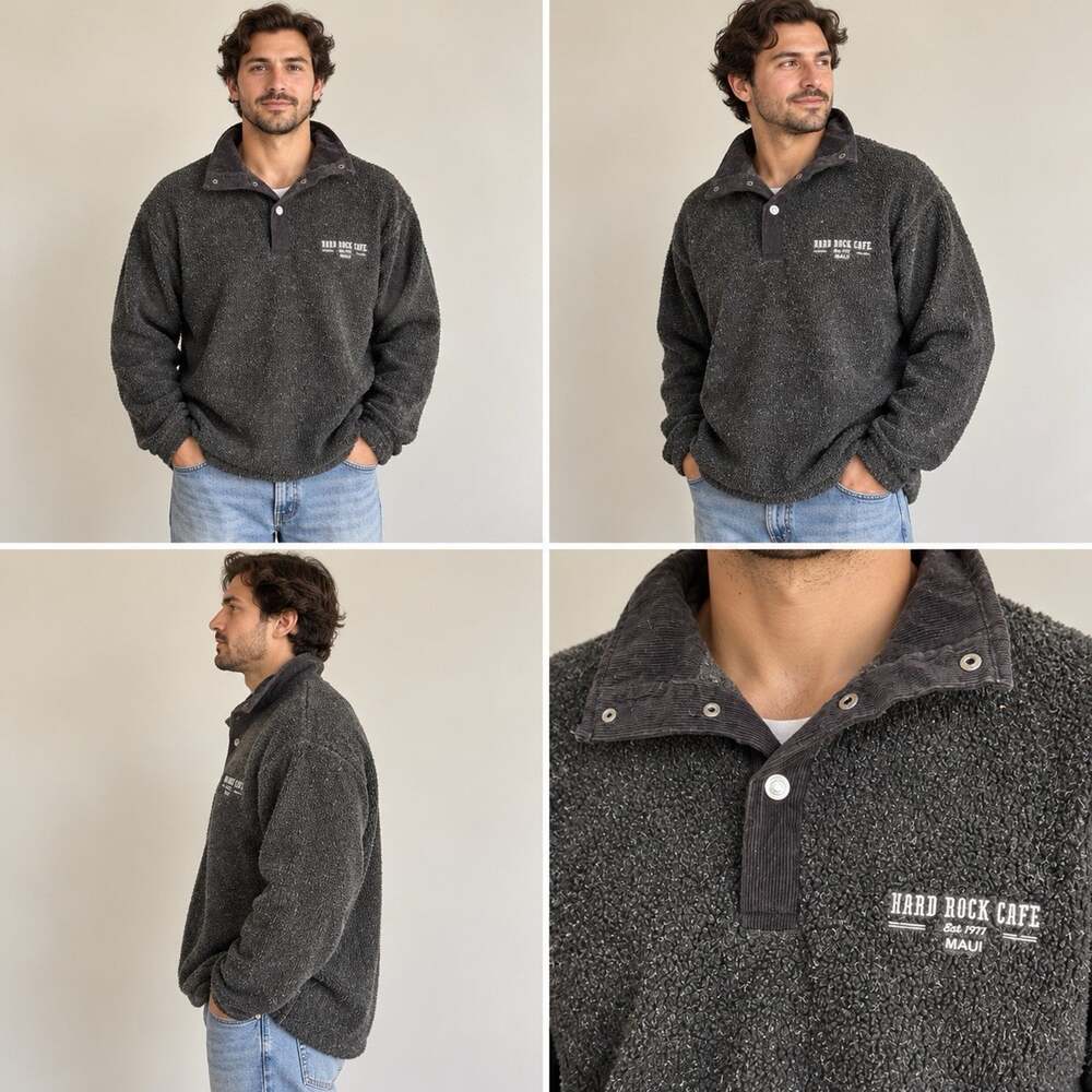 Hard Rock Cafe Maui Fleece Pullover Men’s XL Charcoal Snap Neck Corduroy Collar